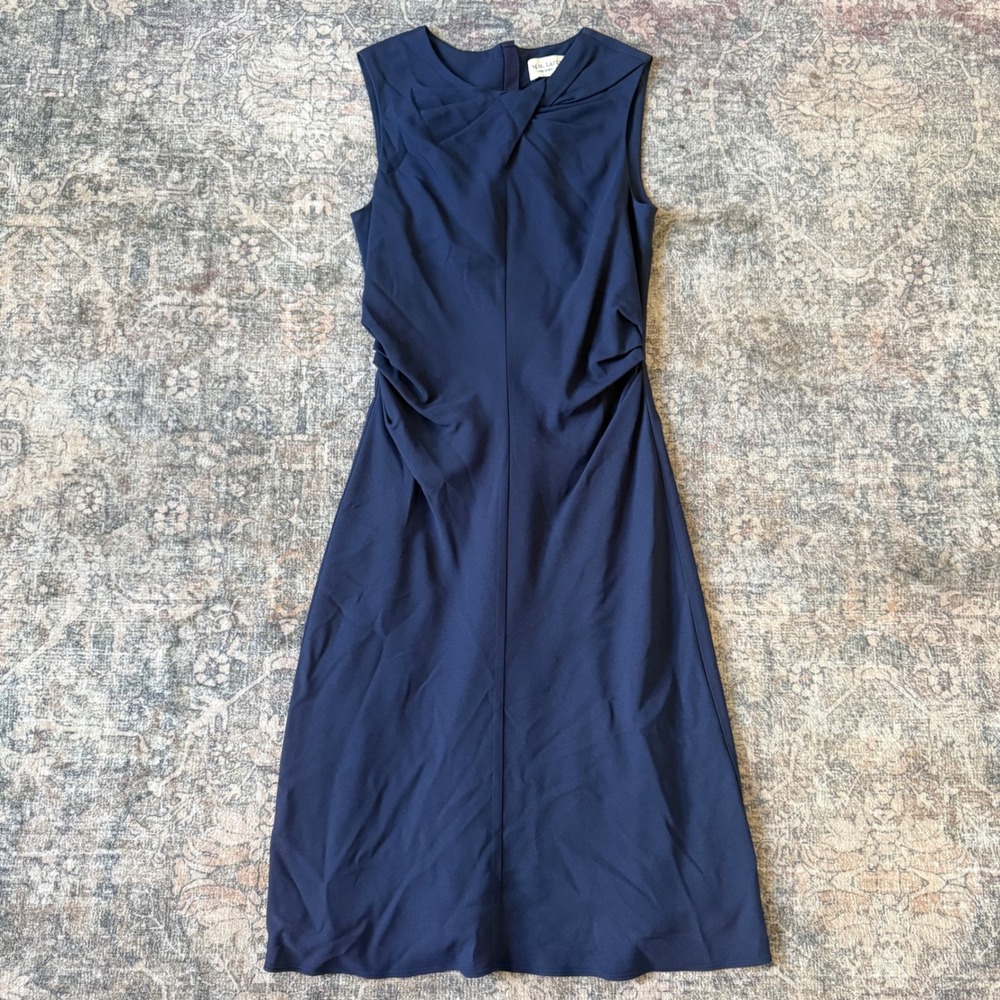 MM LaFleur Midi Dress Navy Blue Twisted Neck Ruched Sheath Size 2